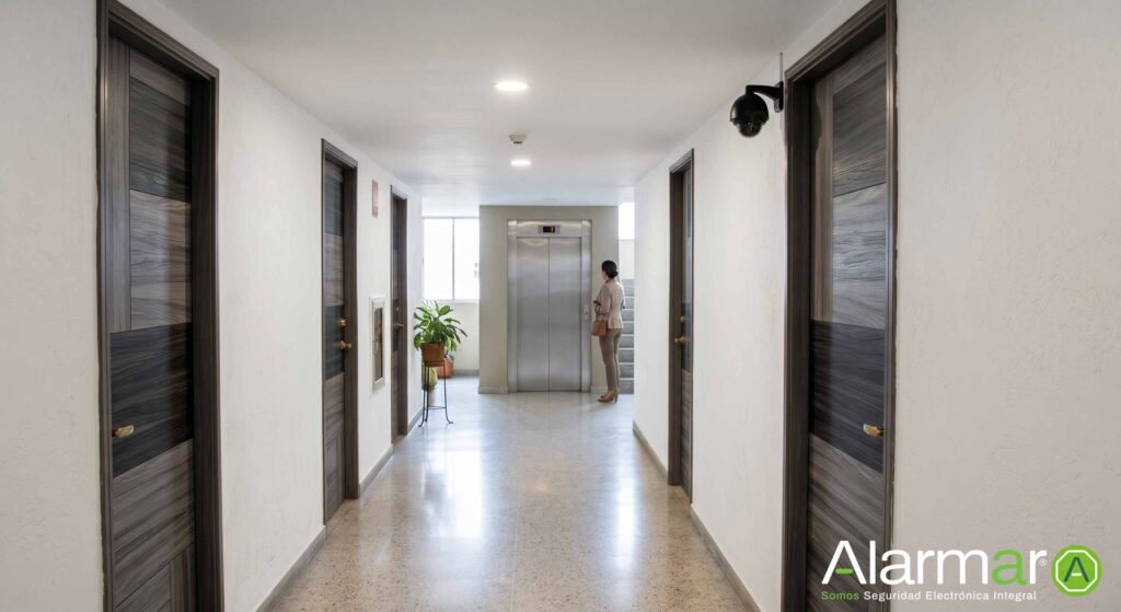 Camara vigilancia instalada en un corredor al lado de la puerta de un apartamento en un edificio regido propiedad horizontal