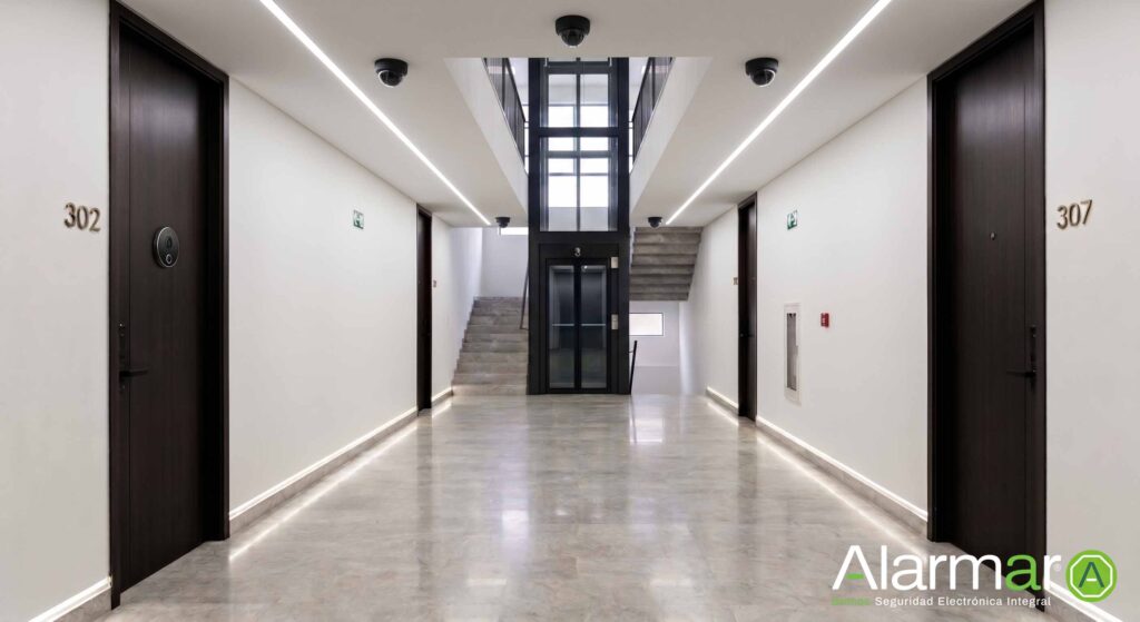 Propiedad horizontal con un sistema de seguridad con camaras de vigilancia en corredores para proteger los accesos y personas en zonas comunes