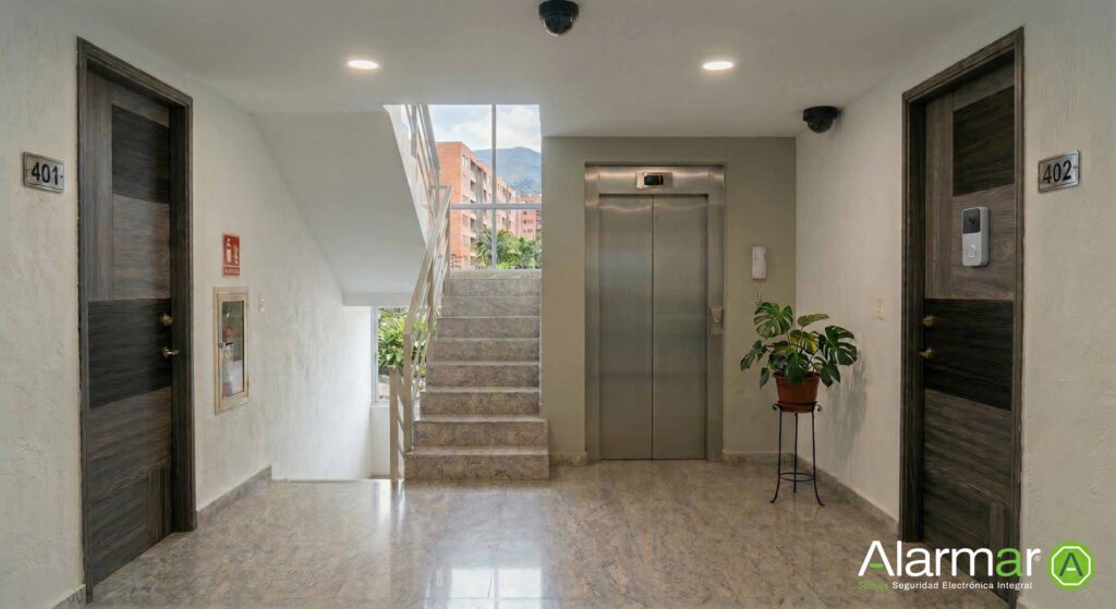 Camaras de vigilancia en propiedad horizontal en zona común donde hay puertas de apartamentos
